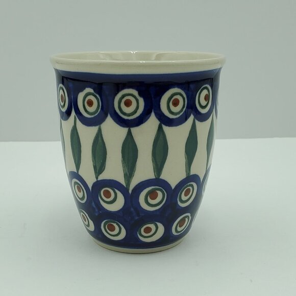 Polish Pottery Peacock Leaves Mug Peacock Blue Circles Green Stripes Mugs - Picture 2 of 7